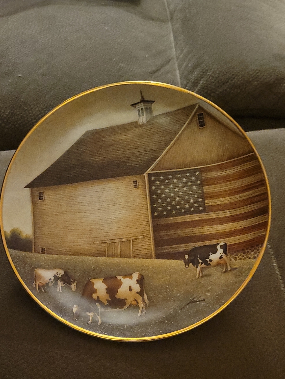 Patriotic Barn Scene Decorative Plate with Cows
